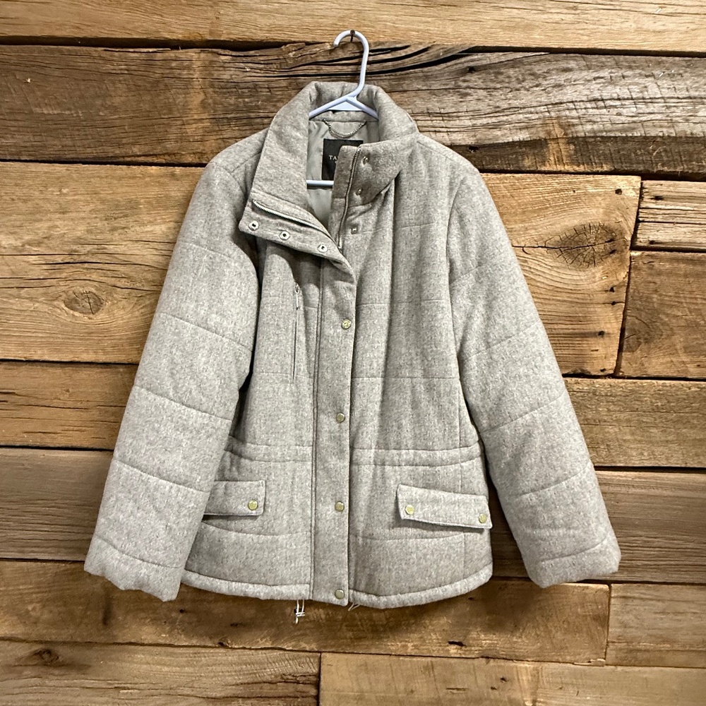 Talbots 80% wool coat, light grey, Cinch waist, lined, L